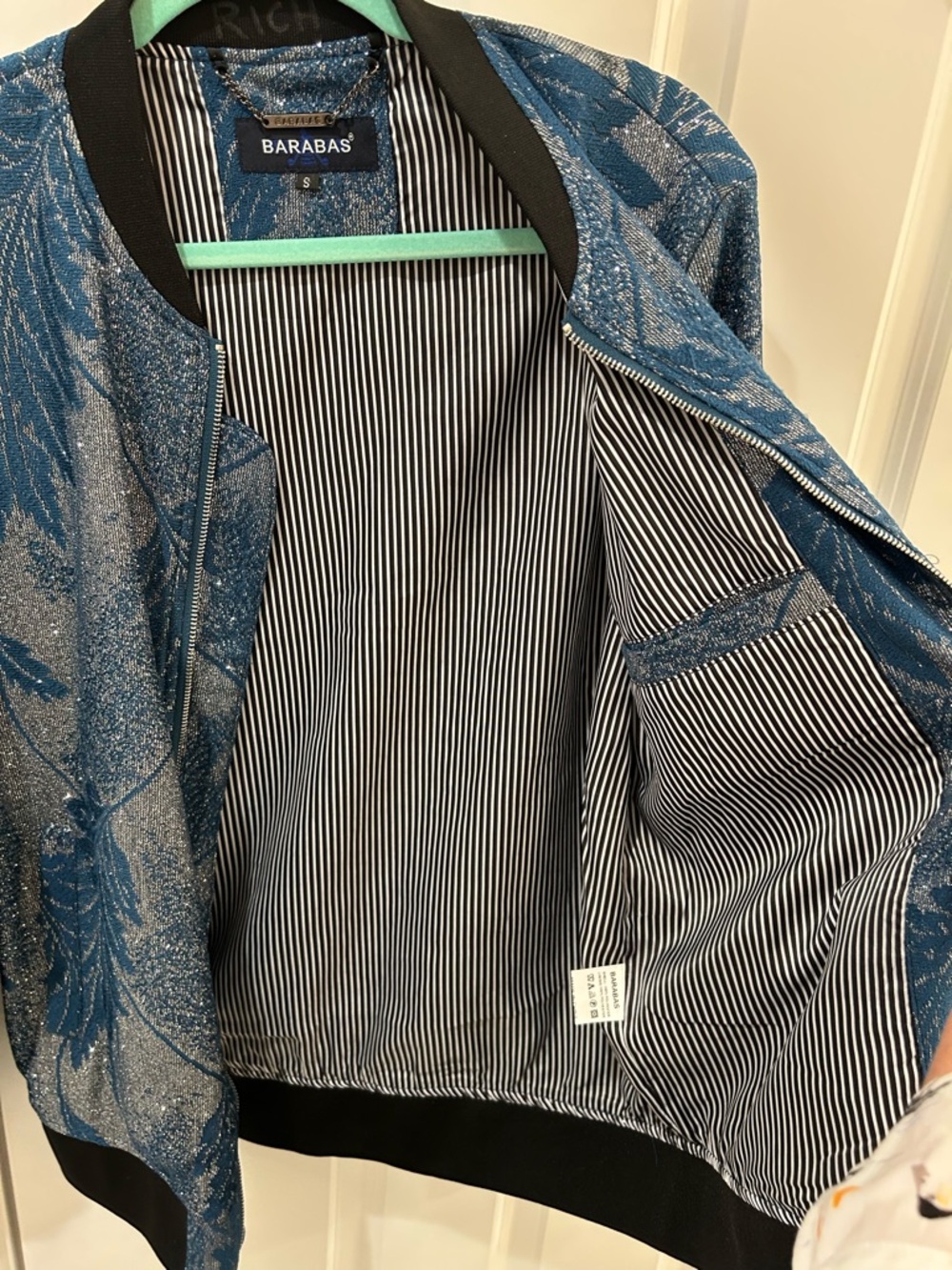 BARABAS Metallic Blue & Silver Floral Jacquard Bomber Zip Up Jacket - Size Small - Picture 7 of 12